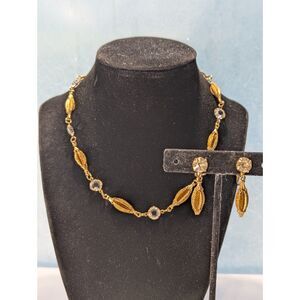 Bezel Cut Crystals Gold Tone Metal Beads with Matching Earrings